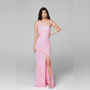 Pink One-Shoulder Sequin Gown with Side Slit and Zipper closure